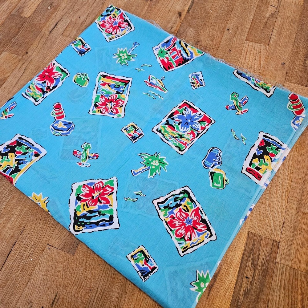 Vintage 80s 90s Novelty Fabric Tropical Beach Luggage Cotton/Poly 4+ yards 45"w